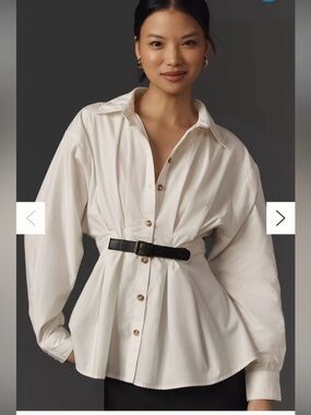 Anthropologie Cream Button-Down Peplum Shirt with Black Belt